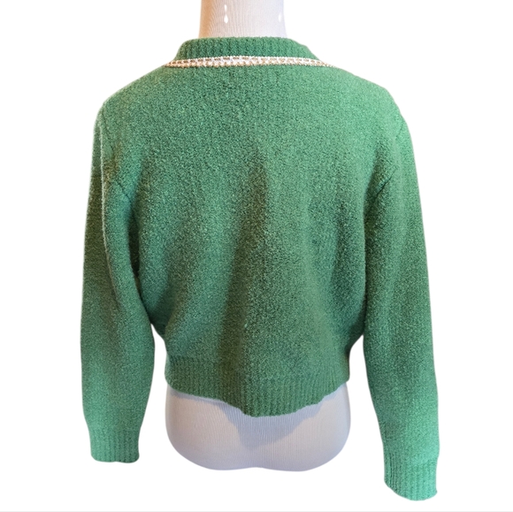 Urban Revivo Green Crew Knitted Cropped Cardigan Jeweled & Pearl Buttons Size M - Picture 9 of 11